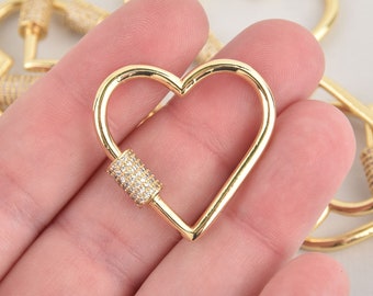 CZ Gold Micro Pave Carabiner Clasp, Heart with Screw Clasp, 31mm fcl0362