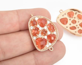 ORANGE RED Cats Eye and Crystal ROSE Gold Charm Connector Link, Drop Charm, 30mm chs4674