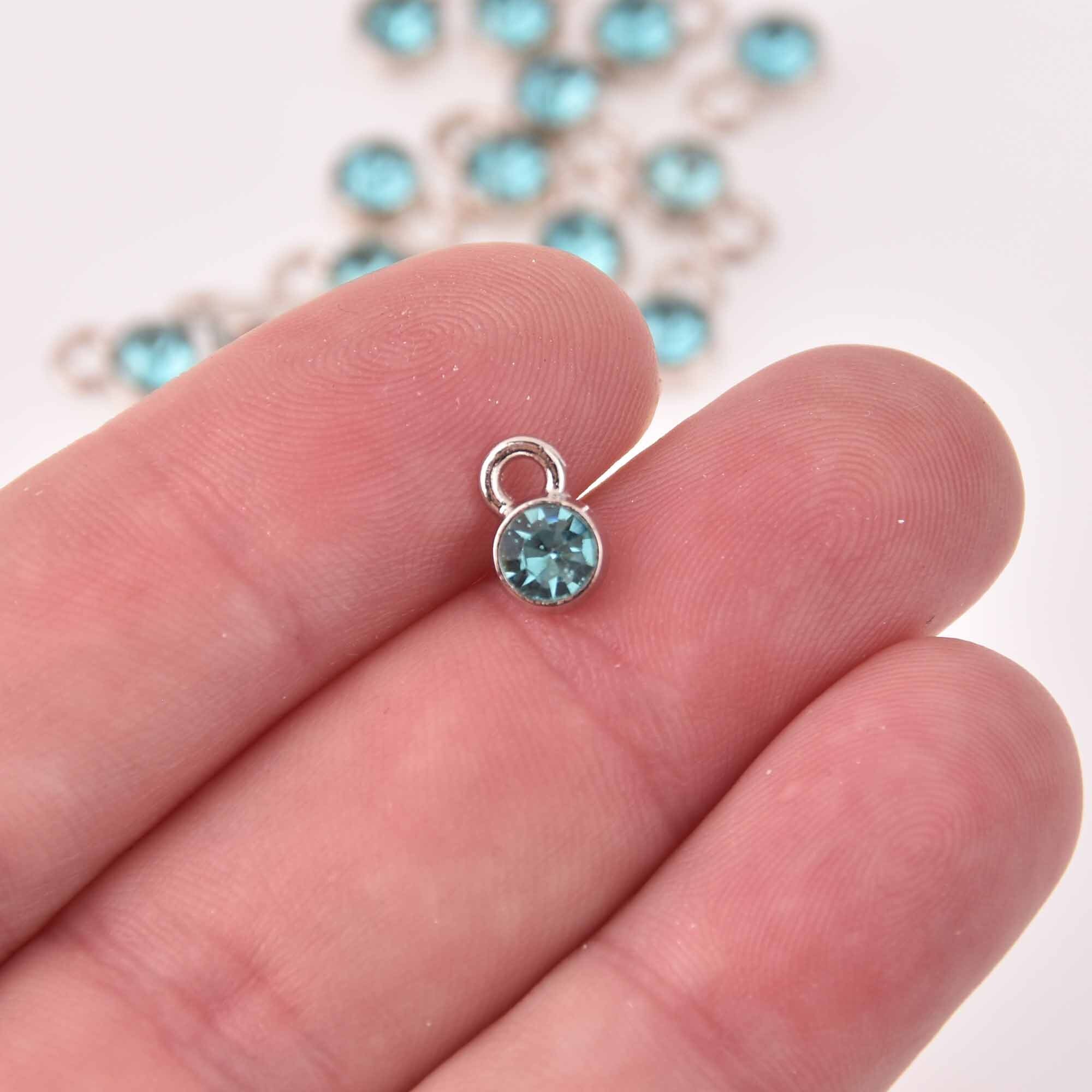 AQUAMARINE BLUE Drop Charms 6mm Silver and Rhinestone Crystal Dot