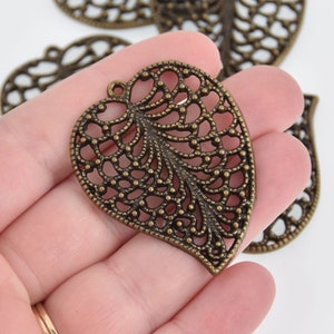 2 Bronze Leaf Charms, Large Filigree Pendants, 1-7/8&quot; long, chs6678