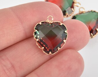 2 Heart Glass Charms ORANGE GREEN Faceted Crystal with Gold Prong Bezel, 19mm chs5745