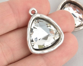 Clear Rhinestone Drop Charm, Triangle Crystal Glass in Silver Tone Bezel, 27x23mm, chs6172