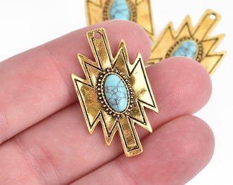 2 Gold Southwest Charms turquoise blue oval cabochon 34x19mm chs4293