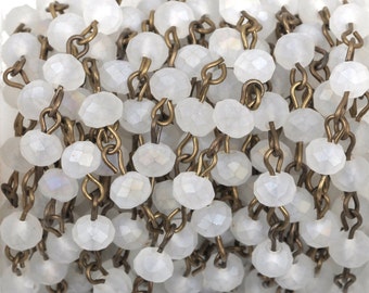 13 feet FROSTED Matte WHITE Crystal Rondelle Rosary Chain, bronze, 6mm faceted rondelle glass beads, fch0432b