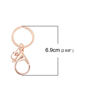 May include: A rose gold key chain with a round ring and a swivel clasp. The key chain is 6.9 cm (2 6/8 inches) long.