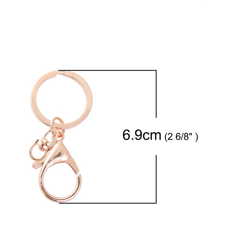 May include: A rose gold key chain with a round ring and a swivel clasp. The key chain is 6.9 cm (2 6/8 inches) long.