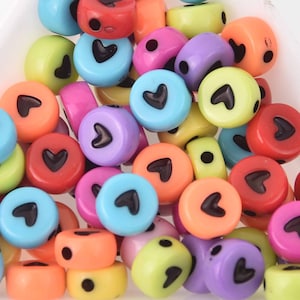7mm Heart Beads, Multicolor Beads with Black Hearts, x50 acrylic beads bac0436