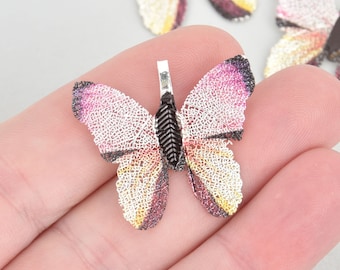 2 Pink Painted Butterfly Charms, Silver real leaf charms, chs5299