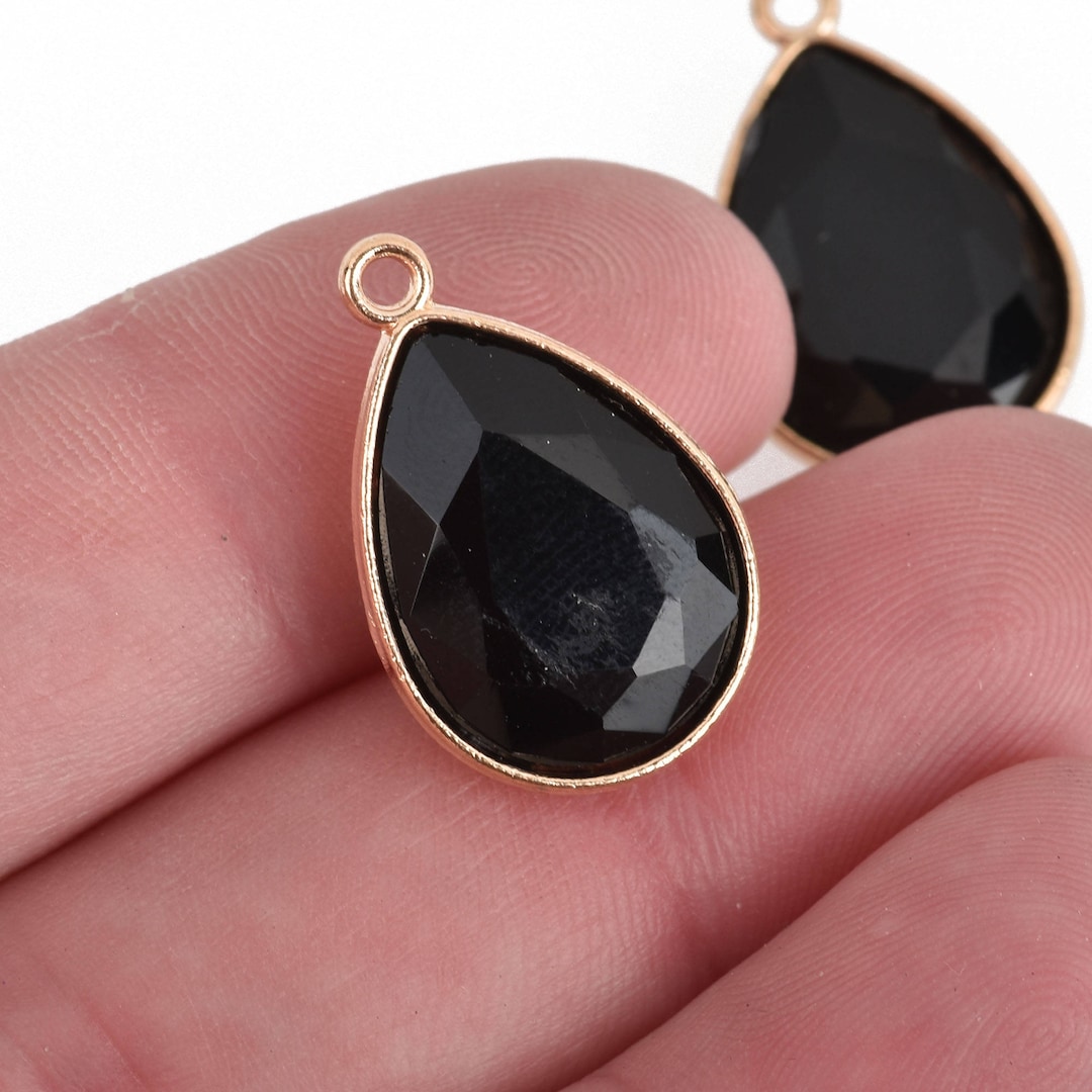 10 BLACK Rhinestone Drop Charms, Teardrop Crystal Glass in GOLD Tone ...