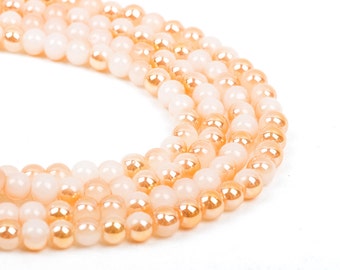 Perlas de vidrio redondas de 6 mm en tonos pastel, durazno y dorado, tira de 26,5 cm, aproximadamente 50 cuentas, bgl1172