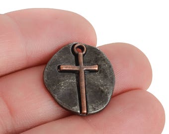 10 Gunmetal Coin Relic Charms, Gunmetal Coin with Copper Cross, round coin charms, 21x19mm, chs3444
