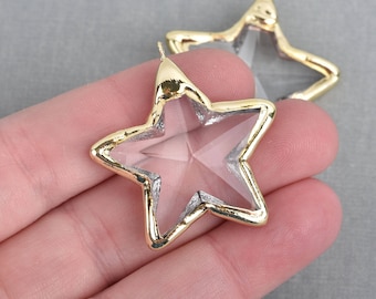 1 Crystal STAR Drop Pendant, Clear Glass, Faceted, GOLD Bail, 1.5" long, chs3978