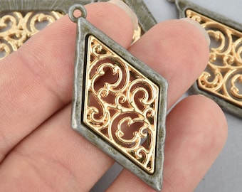 2 Diamond Filigree Charms Gold and Gunmetal 48mm chs4971