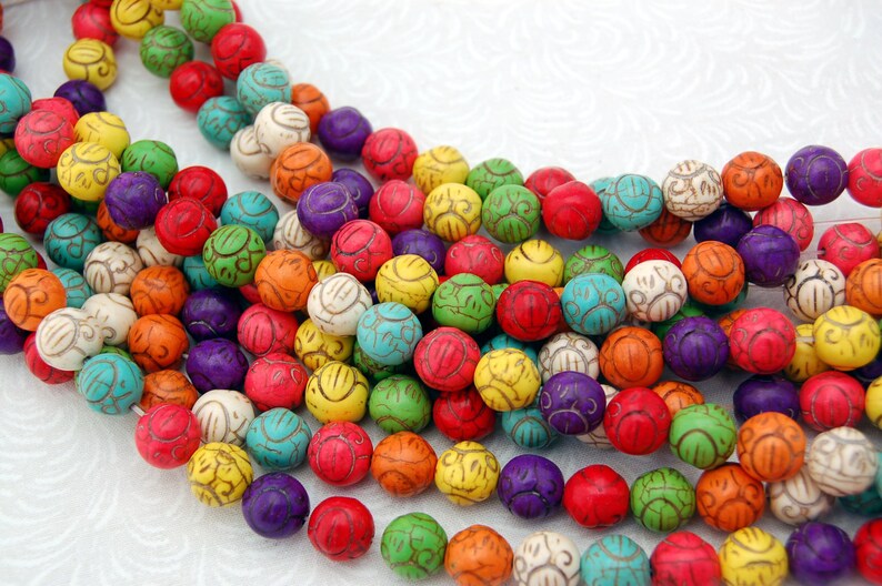 mixed colors how0199 11mm Synthetic Howlite Stone Beads CARVED SCROLL ROUND 11mm