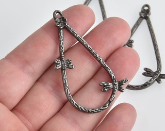 4 Dragonfly Teardrop Charms, Gunmetal Hammered Metal, 2.25" long, chs6631