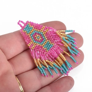 1 Beaded Fringe Tassel Pendant, Miyuki Delica Seed Beads, Southwest Design, pink, blue, gold, 2-5/8&quot; long, chs3682