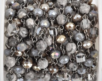 1 yard 6mm Gemstone Crystal Rosary Chain, Grey Picture Jasper, Crystal Cube and Rondelle Beads, gunmetal, fch0812a