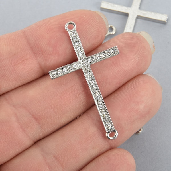 2 Silver Rhinestone Cross Charms, Crystals, Connector Link, 1-5/8" long chs7294