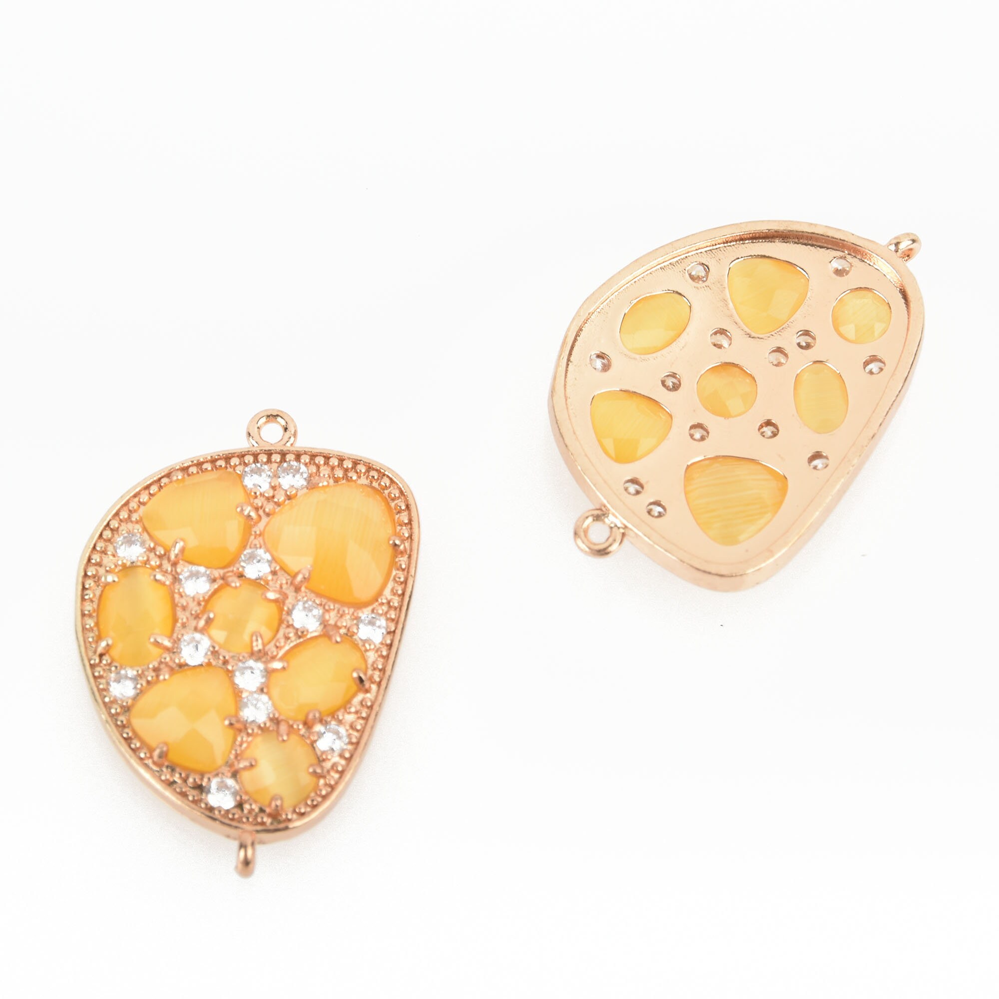 YELLOW Cats Eye and Crystal ROSE GOLD Charm Connector Link, Drop