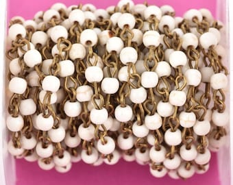 1 yard WHITE Howlite Rosary Chain, bronze links, 4mm round stone beads, fch0615a