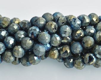 10mm Blue Gold DRUZY QUARTZ Round Beads, Faceted Titanium Coated Geode, full strand gem0455