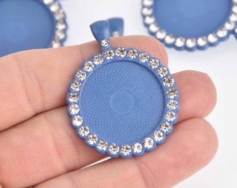 2 Crystal Bezel Charms, Blue, fits 25mm round cabochons, chs7594