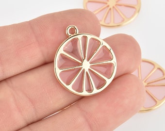 2 Pink Grapefruit Charms Gold Plated Metal 7/8" diameter chs6348