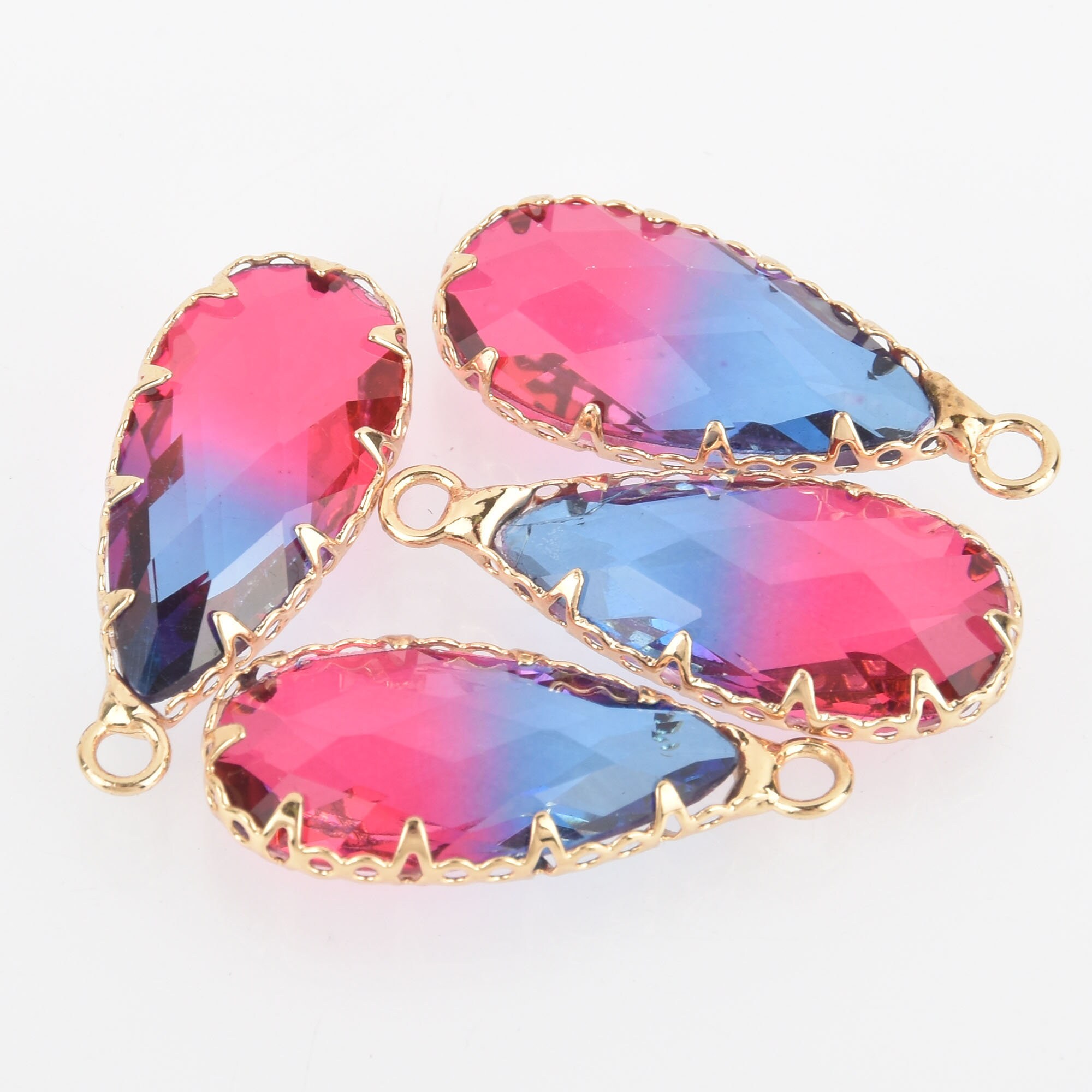 2 Teardrop Glass Charms PINK BLUE Faceted Crystal With Gold Prong