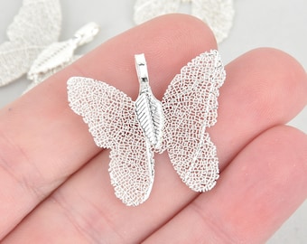2 Silver Butterfly Charms, Real leaf charms, chs5298