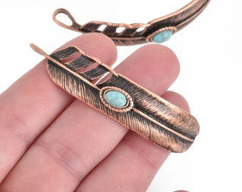 5 FEATHER Bracelet Connector Charms COPPER turquoise blue accent 2.5" chs4238