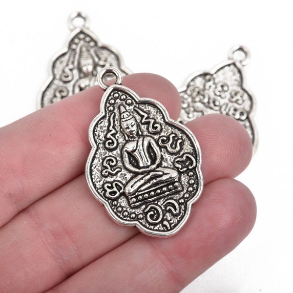 2 THAI BUDDHA charm pendants, antique silver metal, religious icon, 42x26mm, chs2737