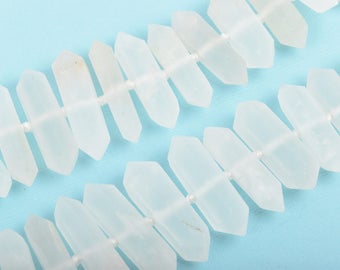 Frosted Matte Crystal Quartz Tusk Point Beads, center drilled stick beads, double point ends, 1" to 1-5/8" long, full strand, gqz0105