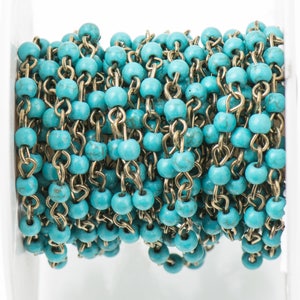 13 ft TURQUOISE BLUE Howlite Rosary Chain, Howlite Bead Chain, bronze, 4mm round stone beads, bulk on spool, fch0708b