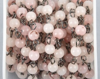 BLUSH PINK Agate Gemstone Rosary Chain, GUNMETAL links, 6mm round smooth gemstone beads, fch1022