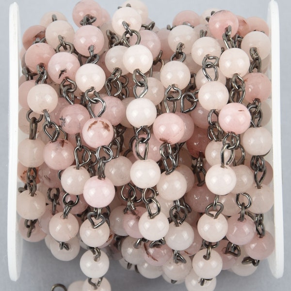 BLUSH PINK Agate Gemstone Rosary Chain, GUNMETAL links, 6mm round smooth gemstone beads, fch1022