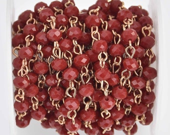 1 yard Maroon Red Crystal Rosary Chain, gold, 6mm rondelle faceted beads, fch1252a