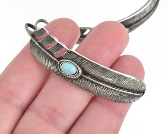 5 FEATHER Bracelet Connector Charms GUNMETAL turquoise blue accent 2.5" chs4236