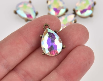 2 Crystal Teardrop Charms, AB crystal with bronze bezel setting, 3/4" long, chs8459