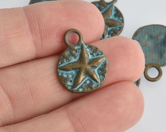5 Bronze Starfish Charms, Blue Green Verdigris Patina, 17mm, chs6654