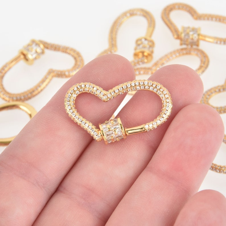 CZ Gold Micro Pave Carabiner Clasp 32mm fcl0337 Heart with Screw Clasp