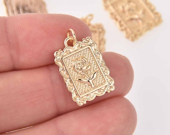 2 Gold Rose Charms, Rectangle, 20mm, chs7737