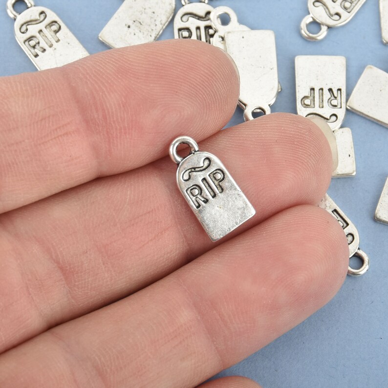 8 RIP Tombstone Gravestone Charms Halloween Gothic Silver Tone Metal 16mm