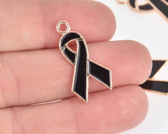 10 Black Awareness Ribbon Charms, Gold Plated with Enamel, 28mm, chs7519