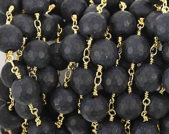 11 feet BLACK ONYX MATTE Rosary Chain, bright gold links, 10mm round faceted gemstone beads, fch0602b