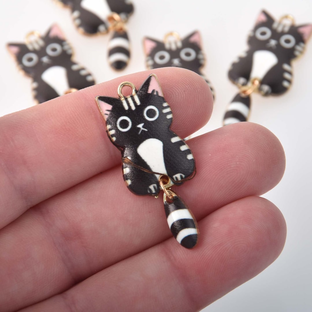 6 Enamel Cat Charms, Swinging Tail, Gold Plated With Black, Chs8299 - Etsy