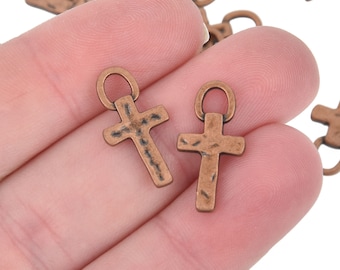 10 Copper Cross Charms, Rustic Hammered Metal Cross, 20mm chs5208