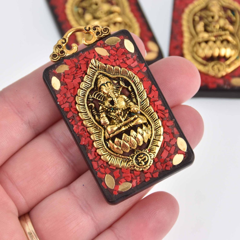Rectangle Pendant Thai Buddha Ganesha Charm chs7600 2.25 long Sandalwood