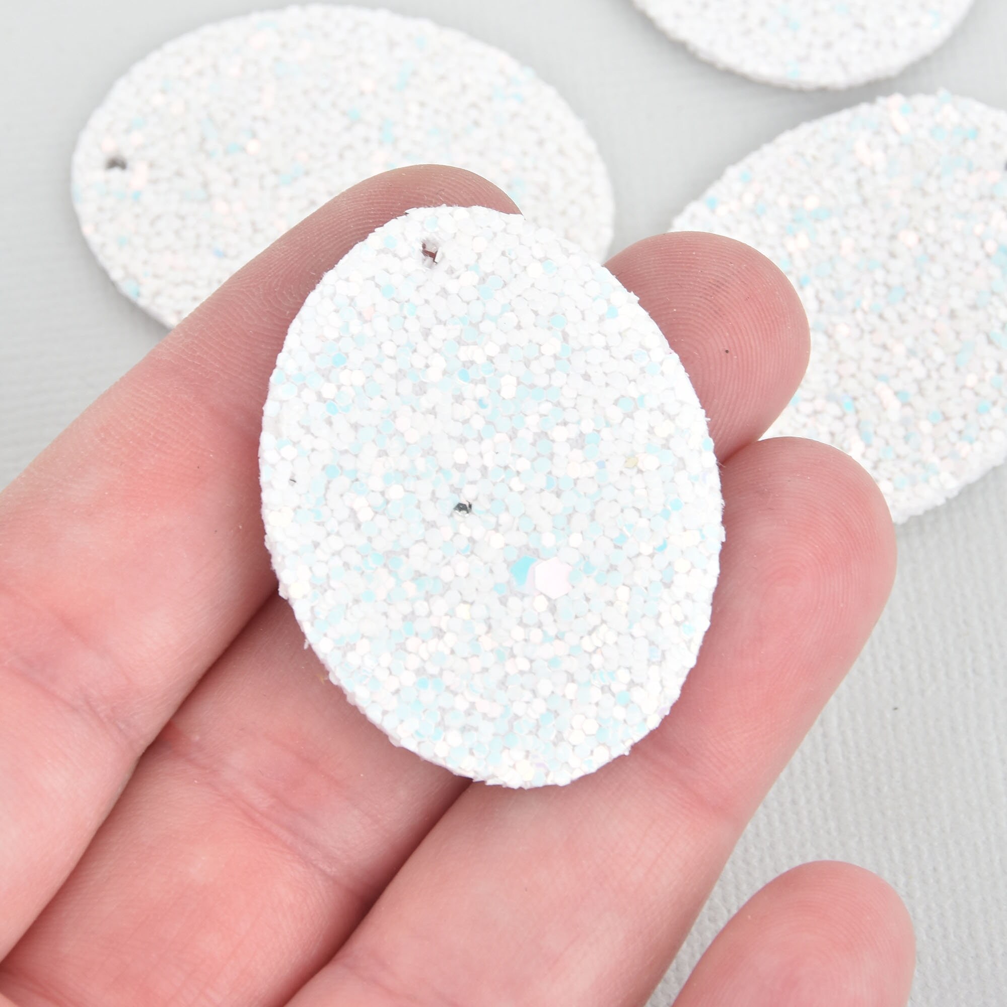 10 WHITE AB Faux Leather OVAL Glitter Charm Pendant Vegan Leather