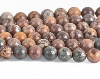 May include: A collection of round, natural stone beads in shades of brown, tan, and gray. The beads have a polished finish and vary in pattern and color, creating a unique, earthy aesthetic. Ideal for jewelry making.
