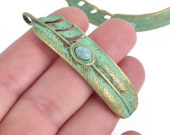 5 FEATHER Bracelet Connector Charms BRONZE GREEN Patina turquoise blue accent 2.5" chs4235